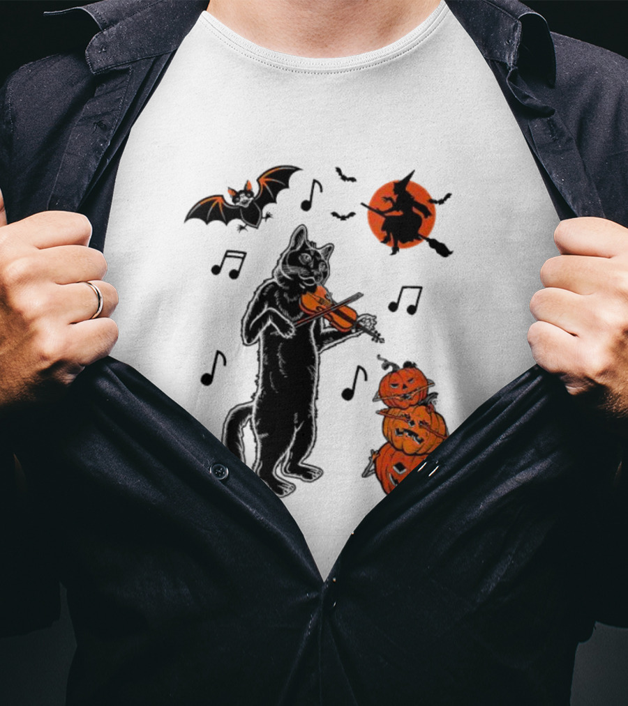 Black Cat Playing Violin With Witch, Devilish Bat, And Stacked Pumpkins Halloween T-Shirt