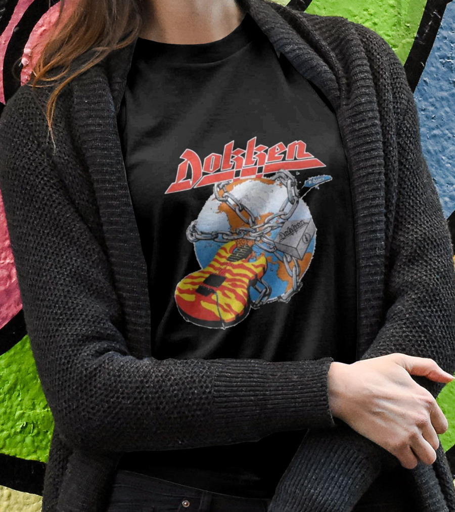 1980s Dokken Rokken With Dokken Flaming Guitar Chained To Globe T-Shirt