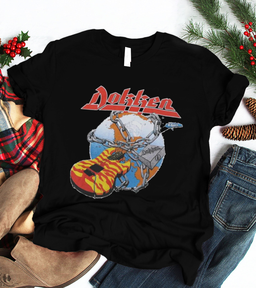 1980s Dokken Rokken With Dokken Flaming Guitar Chained To Globe T-Shirt