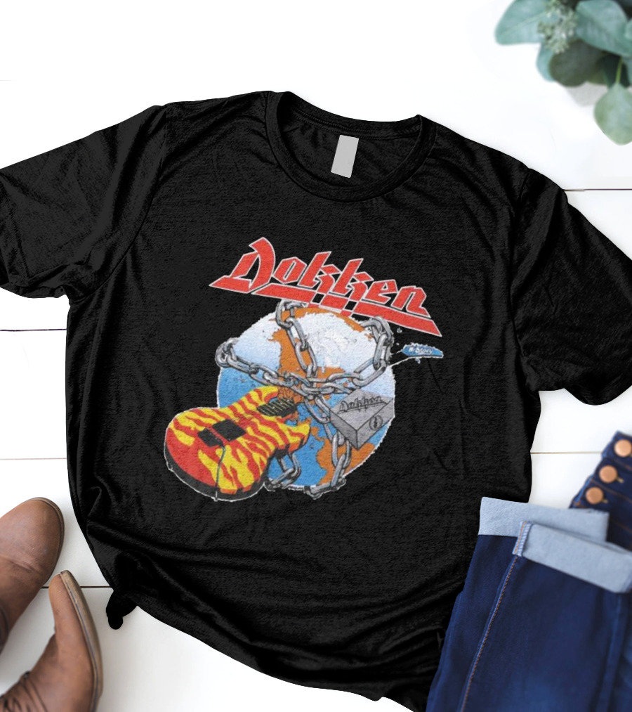1980s Dokken Rokken With Dokken Flaming Guitar Chained To Globe T-Shirt