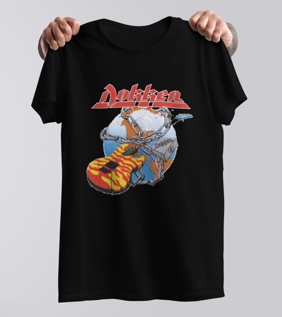 1980s Dokken Rokken With Dokken Flaming Guitar Chained To Globe T-Shirt