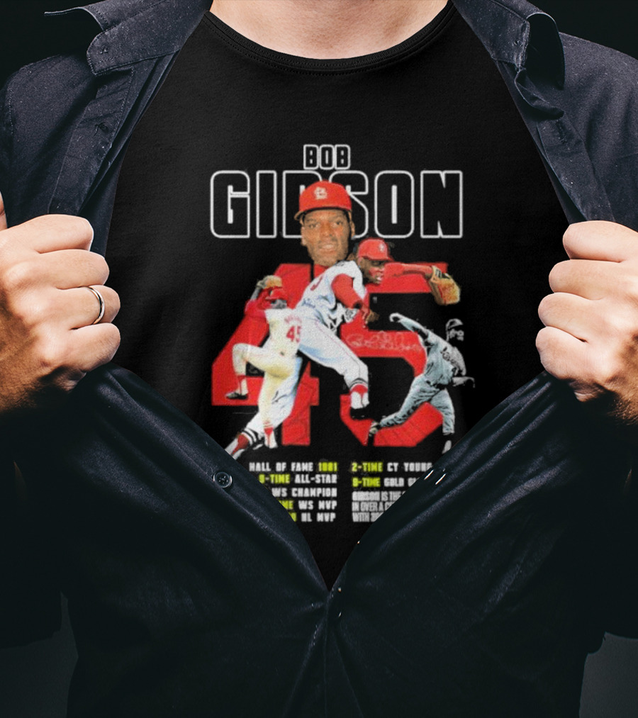Bob Gibson St Louis Cardinals Hall Of Fame MLB Legend Pitcher Career Highlights 45 T-Shirt