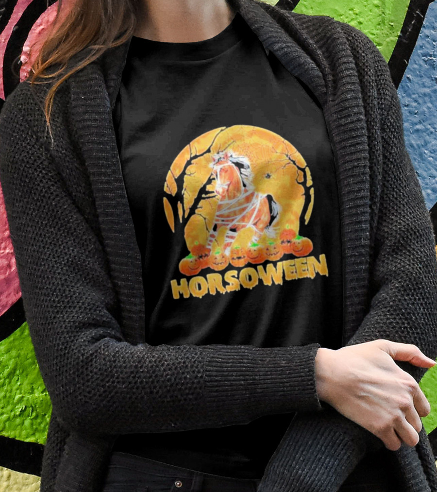 Horsoween Bandaged Horse Spider Web Haunted Pumpkins Red Moon Halloween T-Shirt