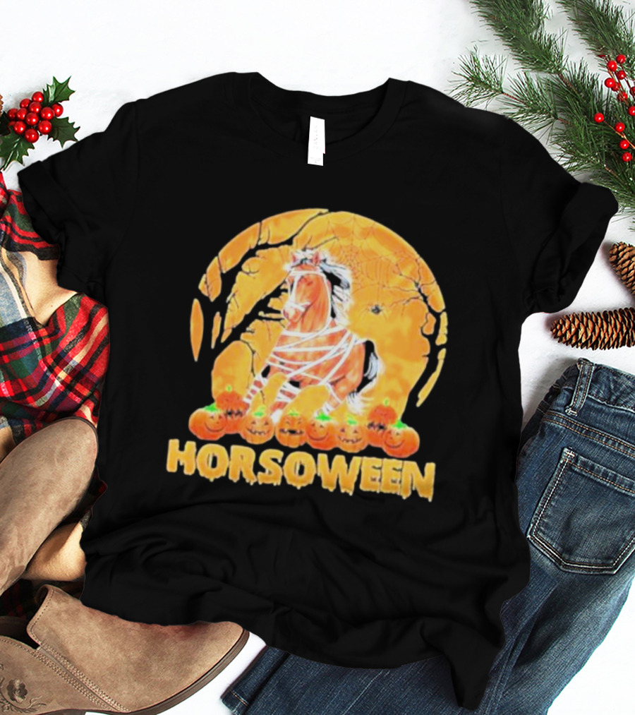 Horsoween Bandaged Horse Spider Web Haunted Pumpkins Red Moon Halloween T-Shirt