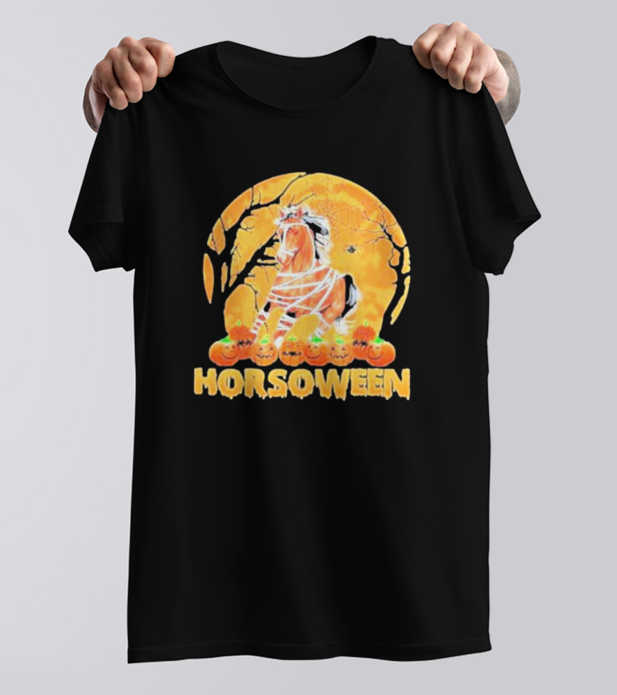 Horsoween Bandaged Horse Spider Web Haunted Pumpkins Red Moon Halloween T-Shirt
