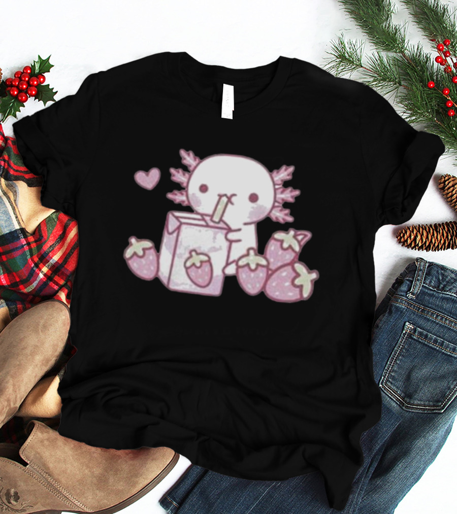 Strawberry Milk Axolotl With Strawberries And Heart T-Shirt