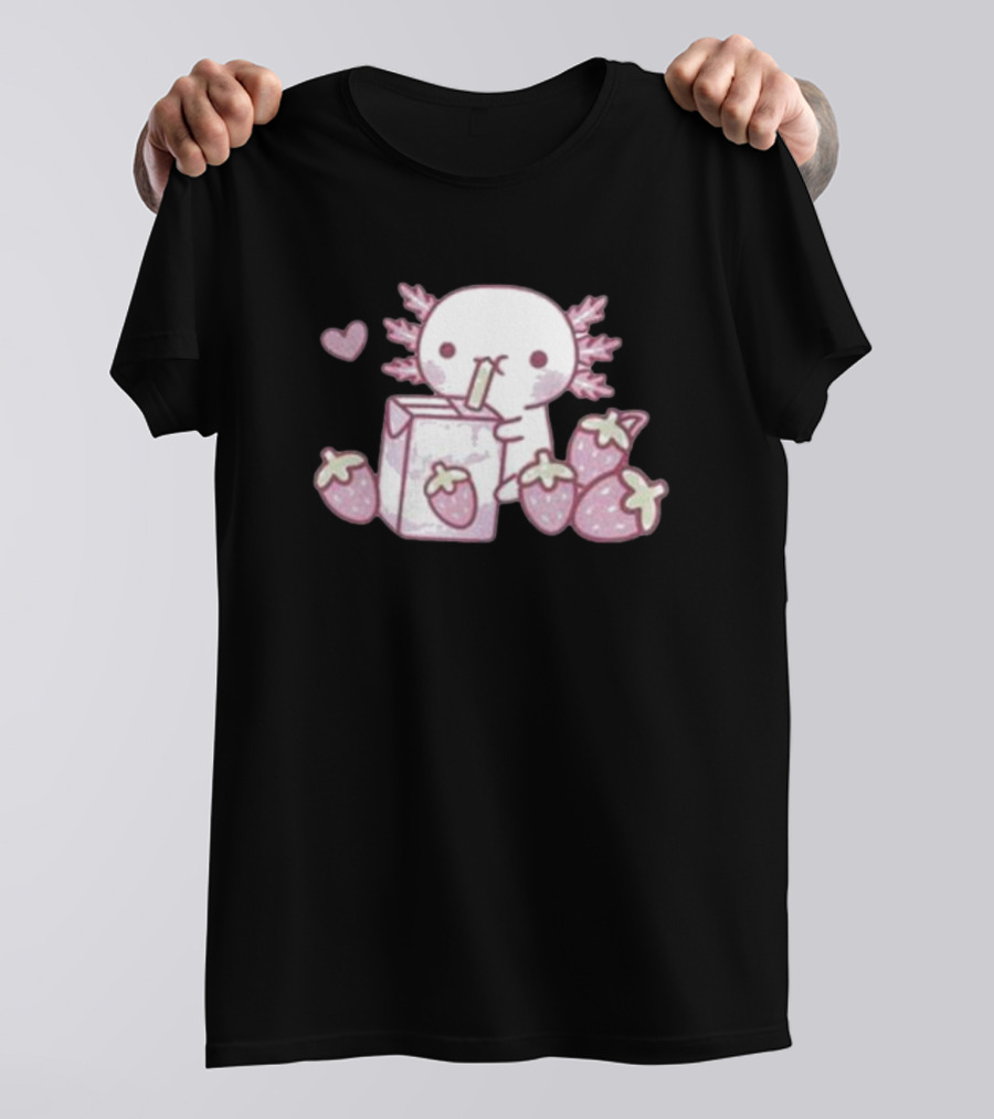 Strawberry Milk Axolotl With Strawberries And Heart T-Shirt