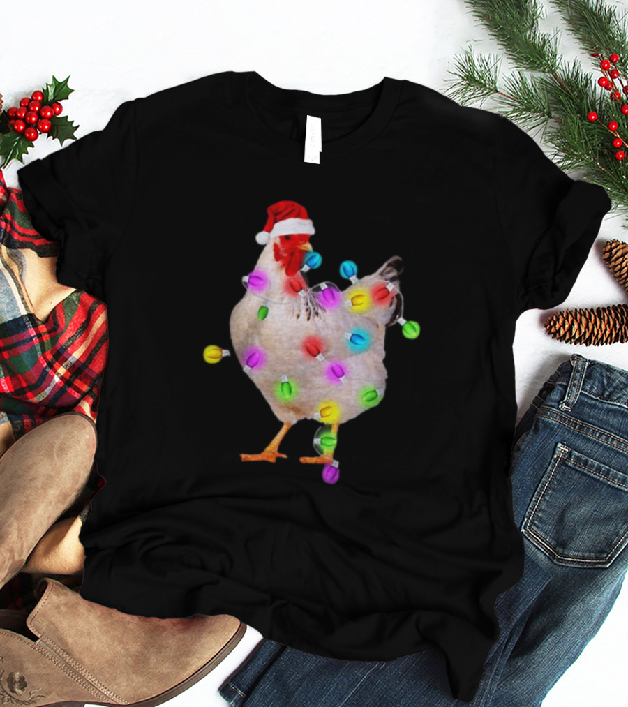 Chicken In Santa Hat With Colorful Christmas Lights T-Shirt