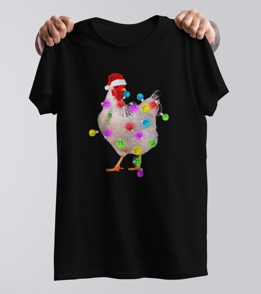 Chicken In Santa Hat With Colorful Christmas Lights T-Shirt
