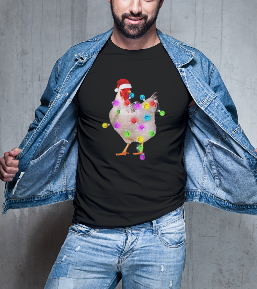 Chicken In Santa Hat With Colorful Christmas Lights T-Shirt