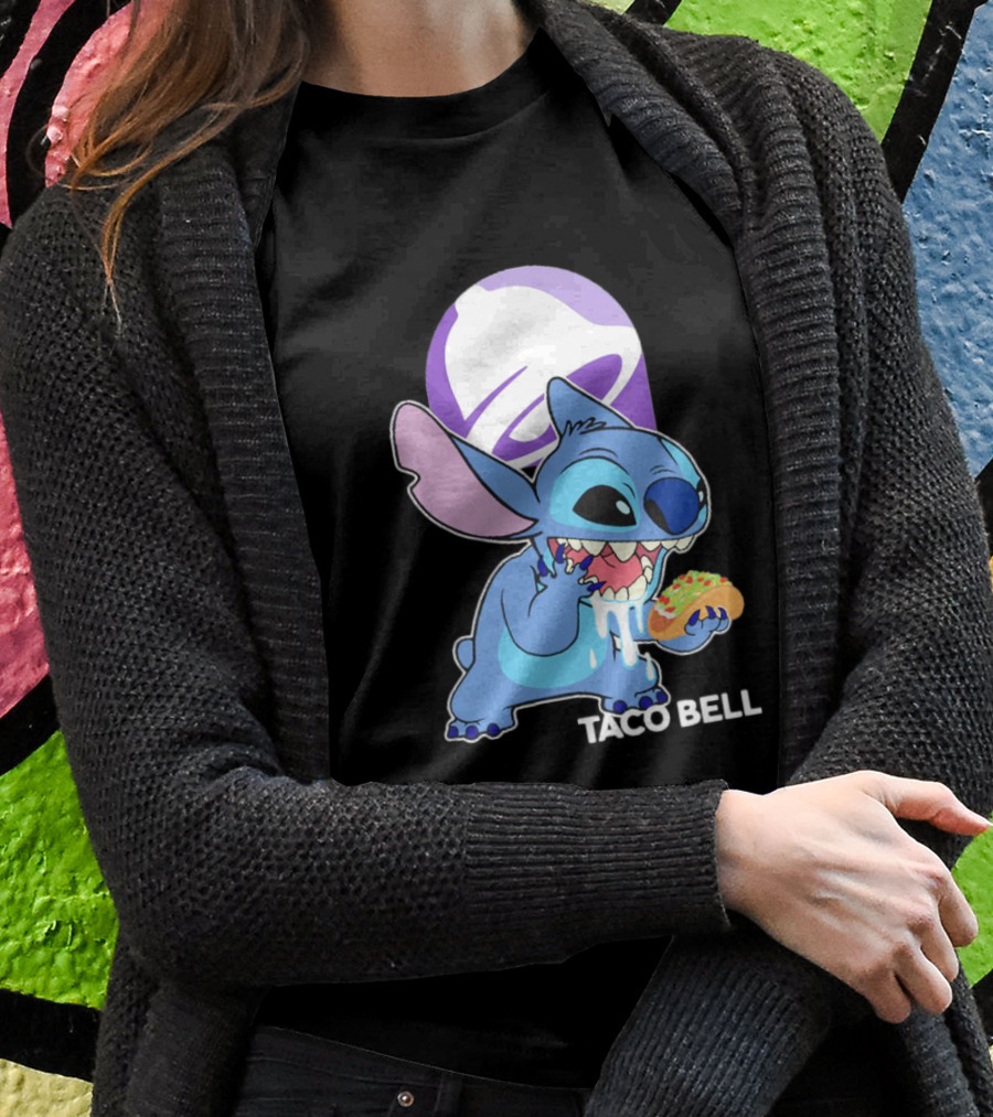 Stitch Eating Taco Bell Tacos With Logo Background T-Shirt