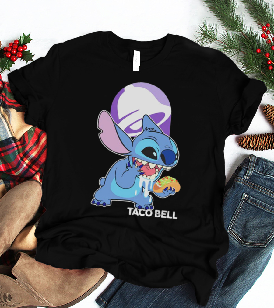 Stitch Eating Taco Bell Tacos With Logo Background T-Shirt