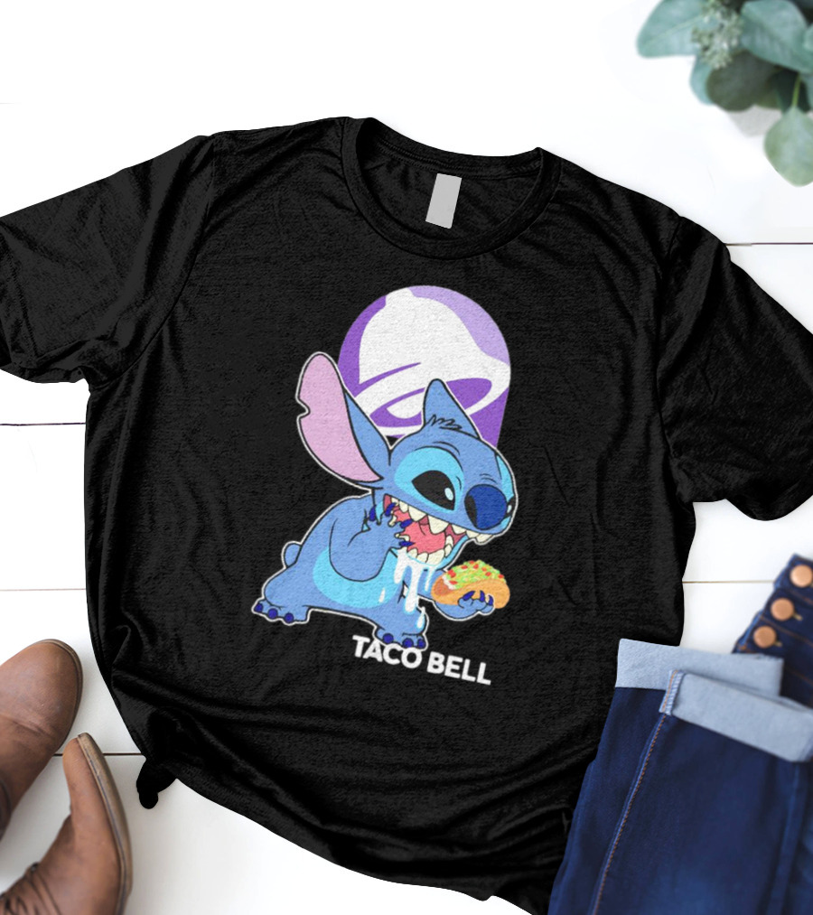 Stitch Eating Taco Bell Tacos With Logo Background T-Shirt