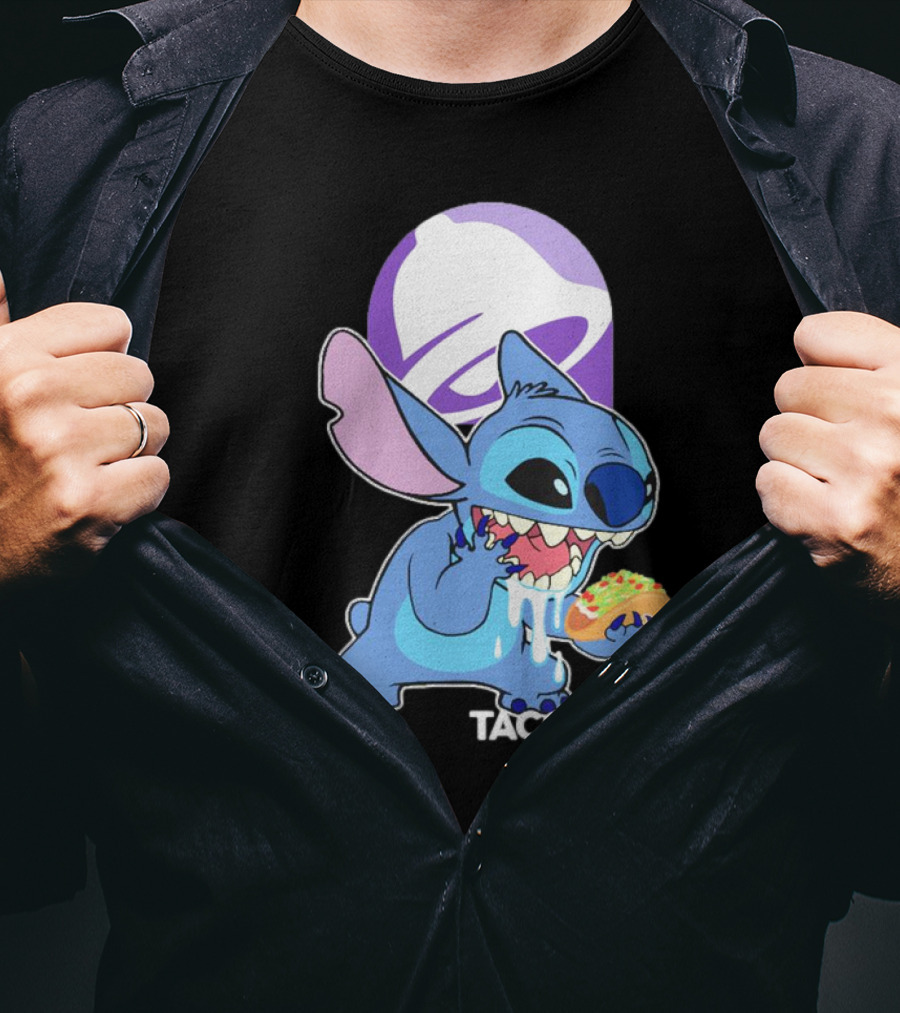 Stitch Eating Taco Bell Tacos With Logo Background T-Shirt