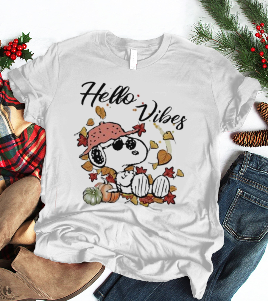 Snoopy Hello Vibes Fall Leaves Pumpkins T-Shirt