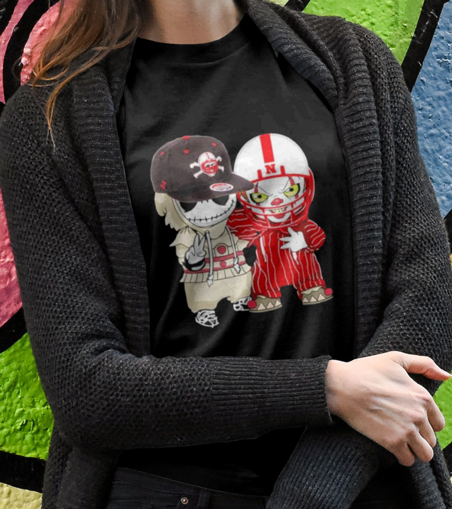 Baby Jack Skellington And Pennywise Nebraska Cornhuskers Halloween Characters T-Shirt