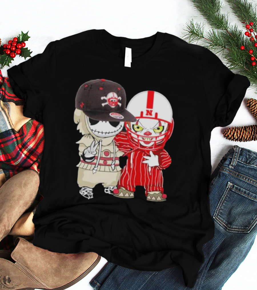 Baby Jack Skellington And Pennywise Nebraska Cornhuskers Halloween Characters T-Shirt
