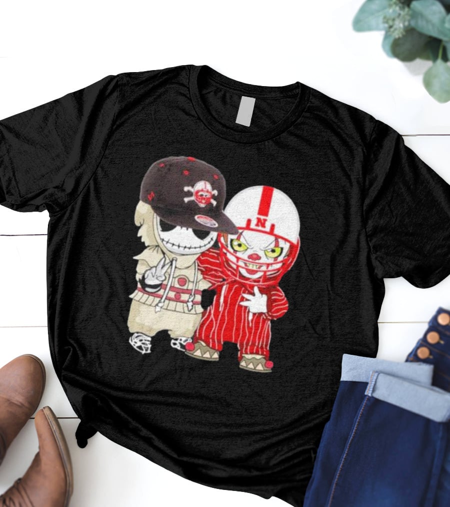 Baby Jack Skellington And Pennywise Nebraska Cornhuskers Halloween Characters T-Shirt