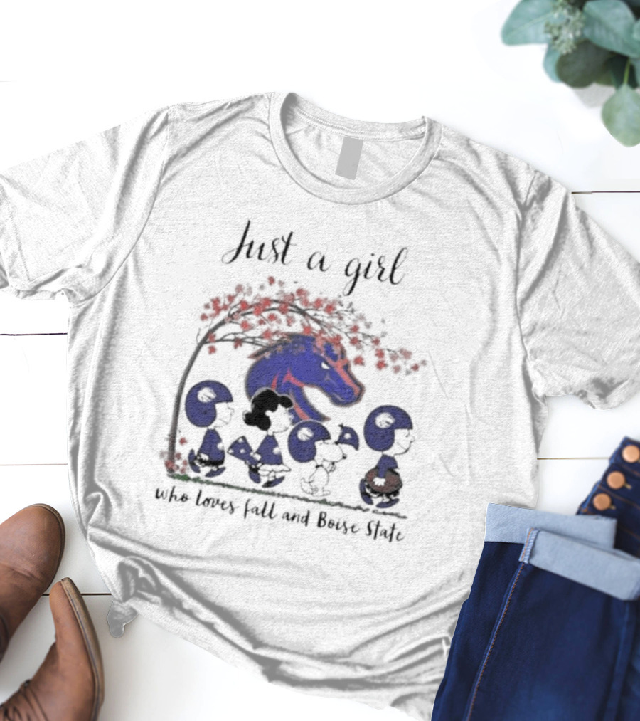 Just A Girl Who Loves Fall And Boise State Broncos Peanuts Snoopy Charlie Brown T-Shirt