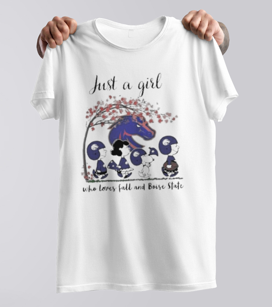 Just A Girl Who Loves Fall And Boise State Broncos Peanuts Snoopy Charlie Brown T-Shirt