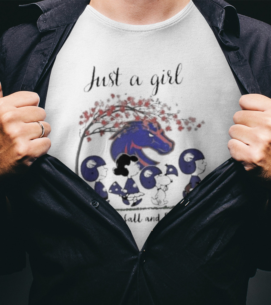 Just A Girl Who Loves Fall And Boise State Broncos Peanuts Snoopy Charlie Brown T-Shirt