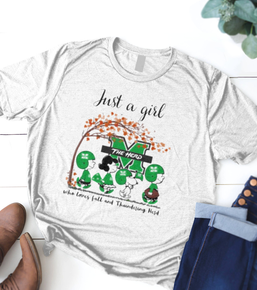 Just A Girl Who Loves Fall And Marshall Thundering Herd Peanuts Charlie Brown Lucy Autumn Leaves T-Shirt