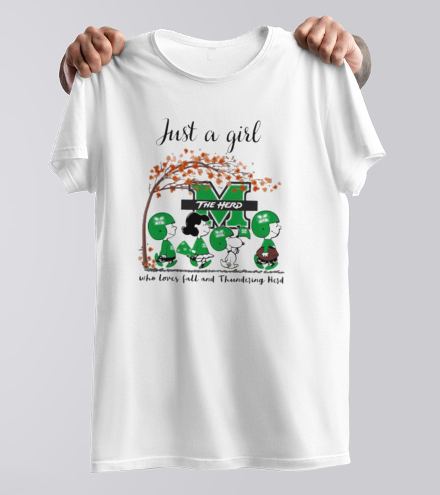 Just A Girl Who Loves Fall And Marshall Thundering Herd Peanuts Charlie Brown Lucy Autumn Leaves T-Shirt