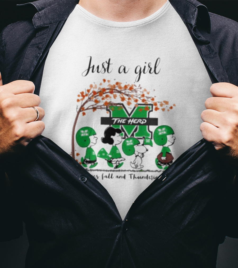Just A Girl Who Loves Fall And Marshall Thundering Herd Peanuts Charlie Brown Lucy Autumn Leaves T-Shirt