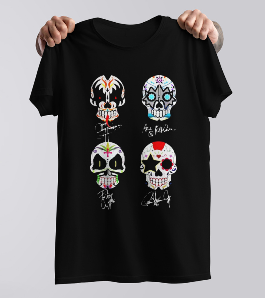Kiss Band 4 Skull Faces Simmons Stanley Frehley Criss Signature T-Shirt