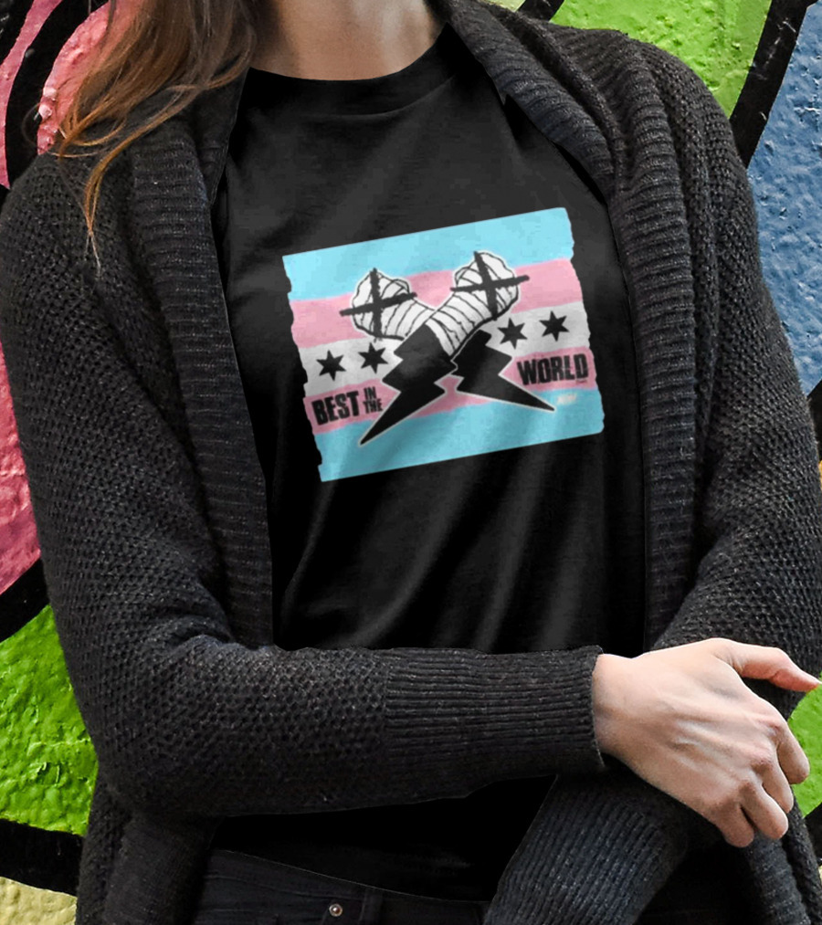 Shopaew Cm Punk Best In The World Trans Pride Flag With Fists And Stars T-Shirt