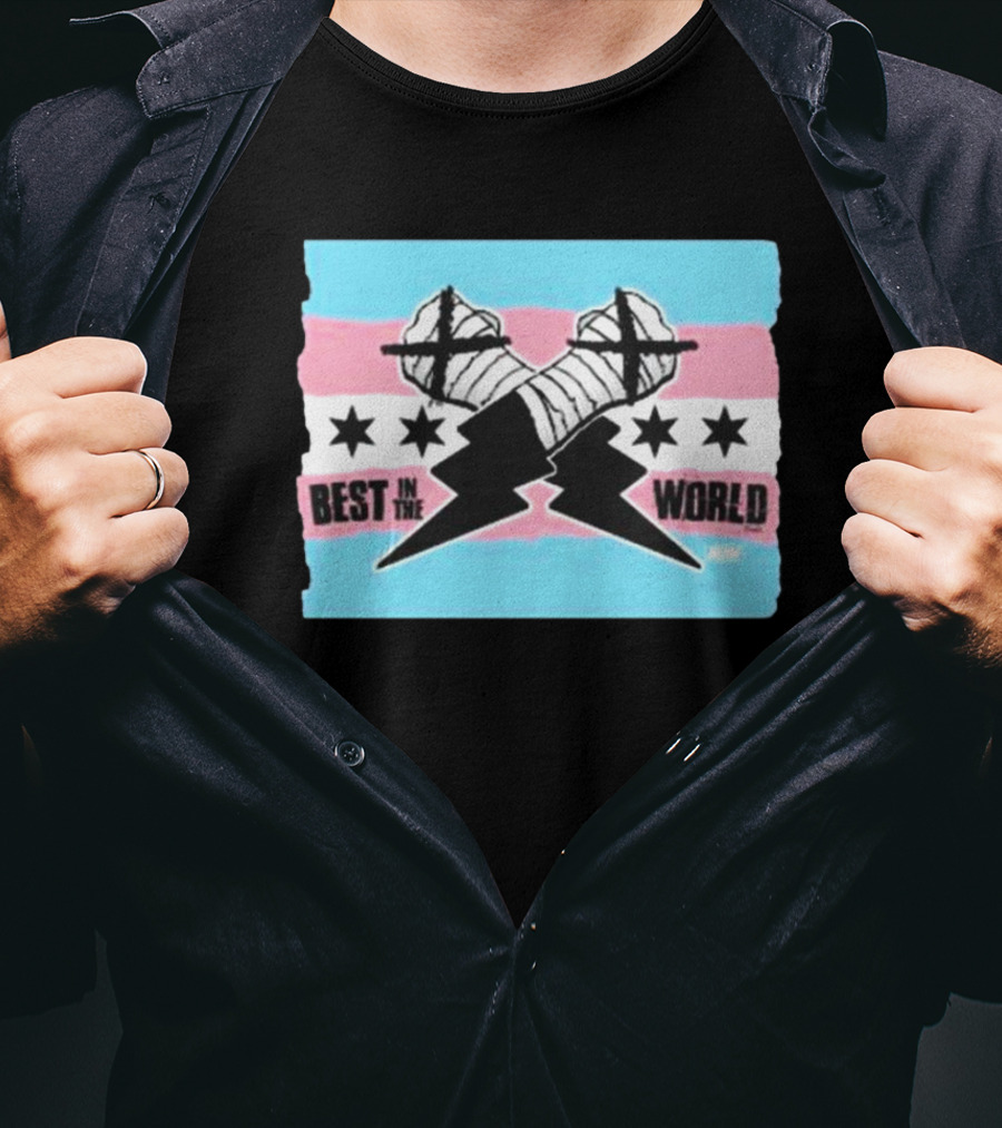 Shopaew Cm Punk Best In The World Trans Pride Flag With Fists And Stars T-Shirt