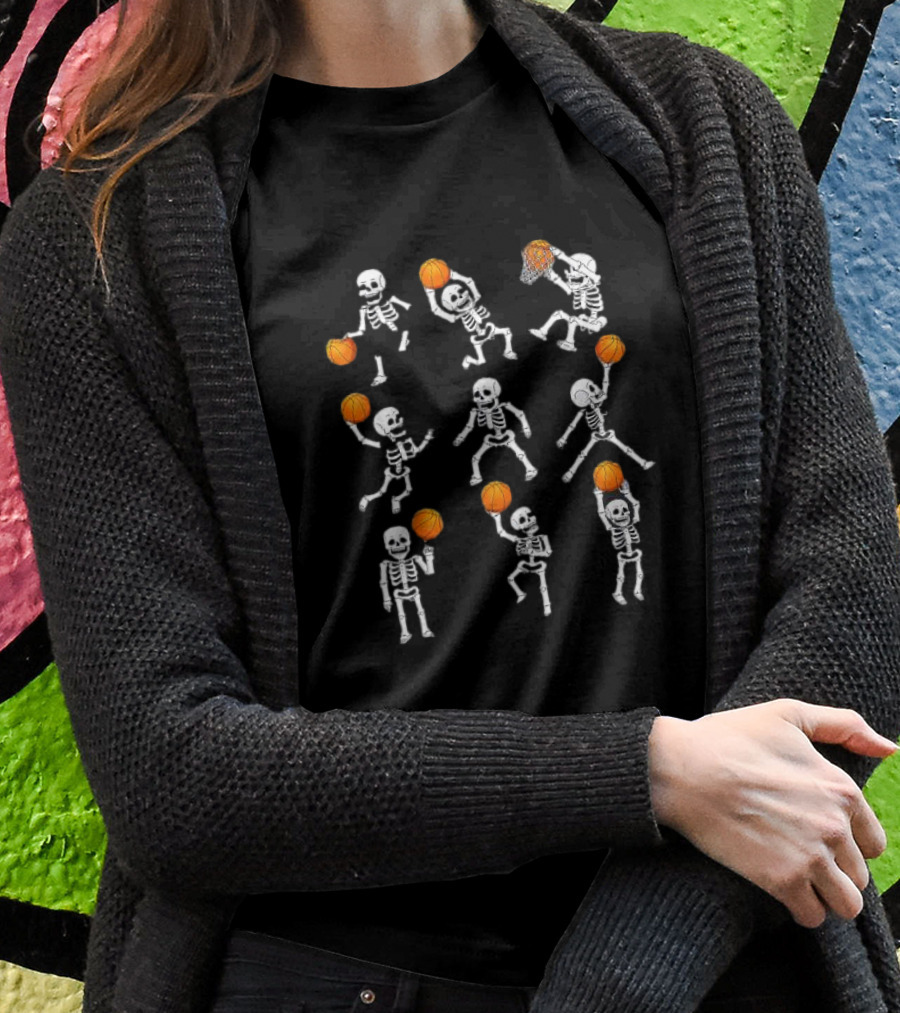 Halloween Skeletons Dunking Dribble Basketball Players T-Shirt