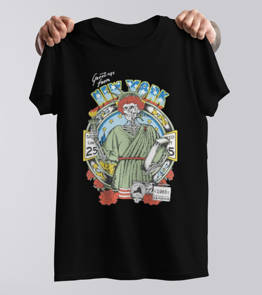 Greetings From New York Grateful Dead 1985 Skeleton Liberty Stamp United States T-Shirt