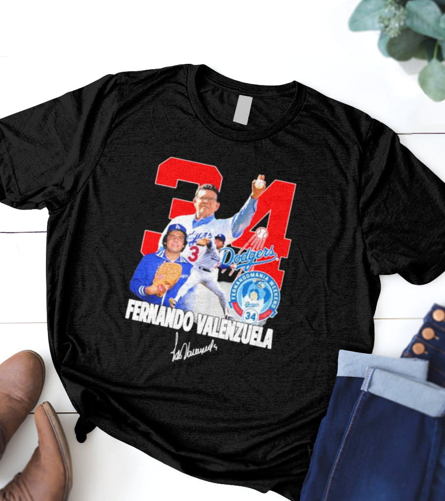 Dodgers Fernando Valenzuela Fernando Mania Weekend Signature 34 T-Shirt