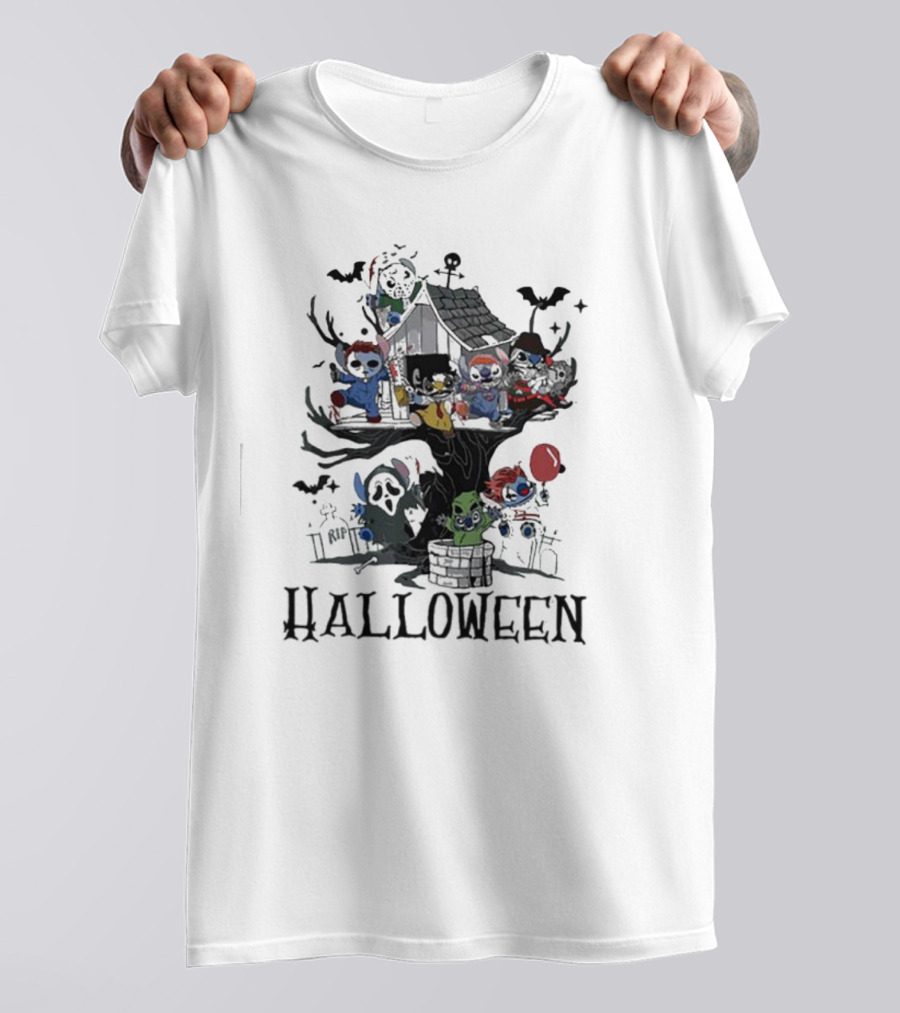 Halloween Stitch Horror Movie Characters Treehouse Scene T-Shirt