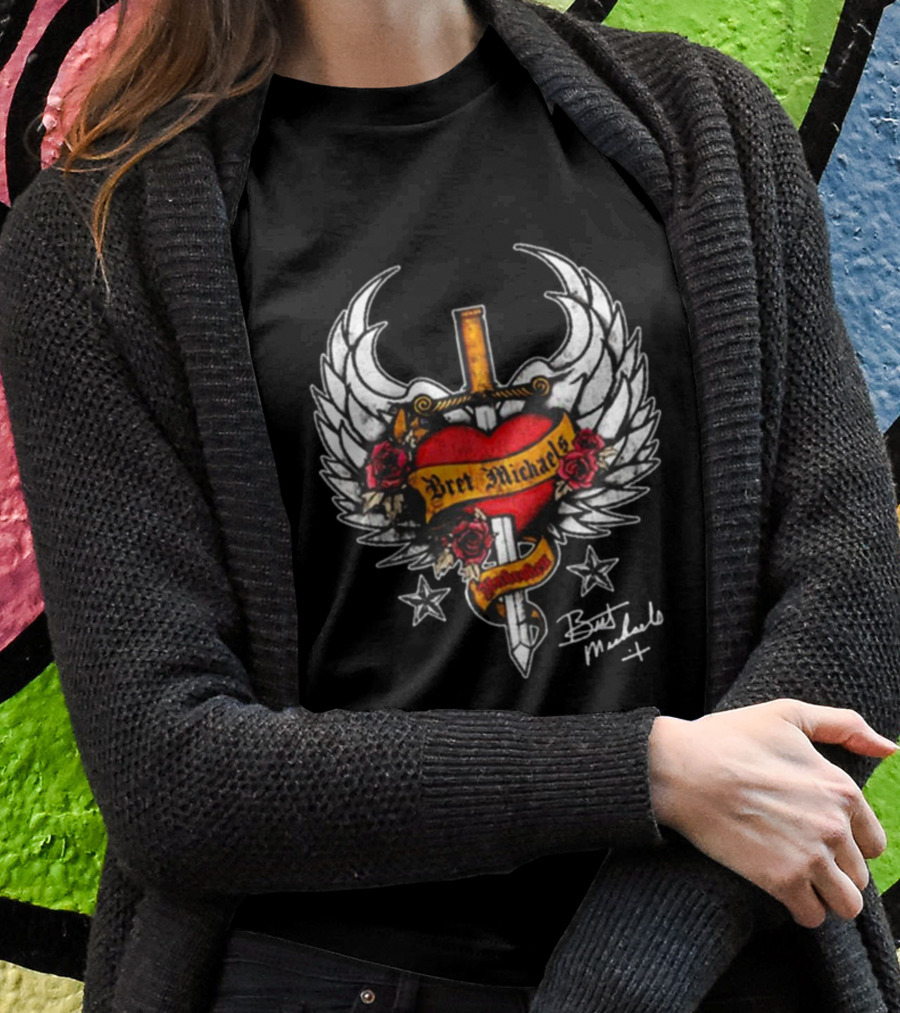 Bret Michaels Heart And Sword Winged Emblem With Roses And Stars T-Shirt