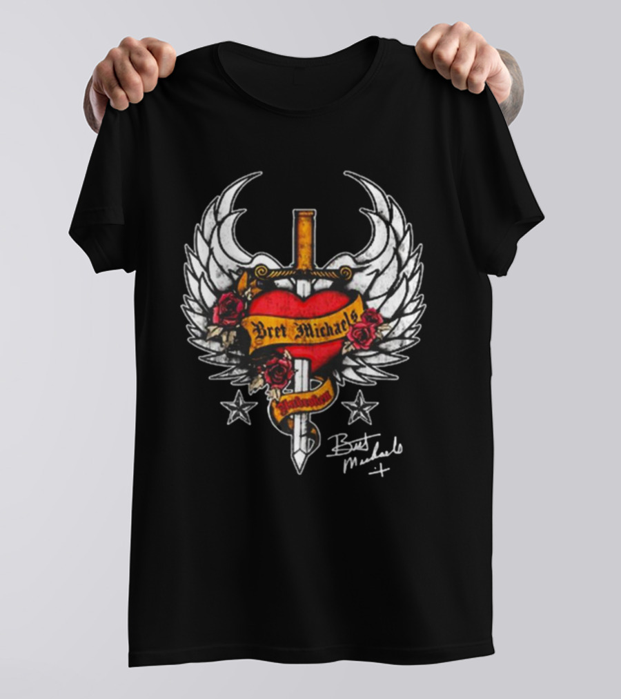 Bret Michaels Heart And Sword Winged Emblem With Roses And Stars T-Shirt