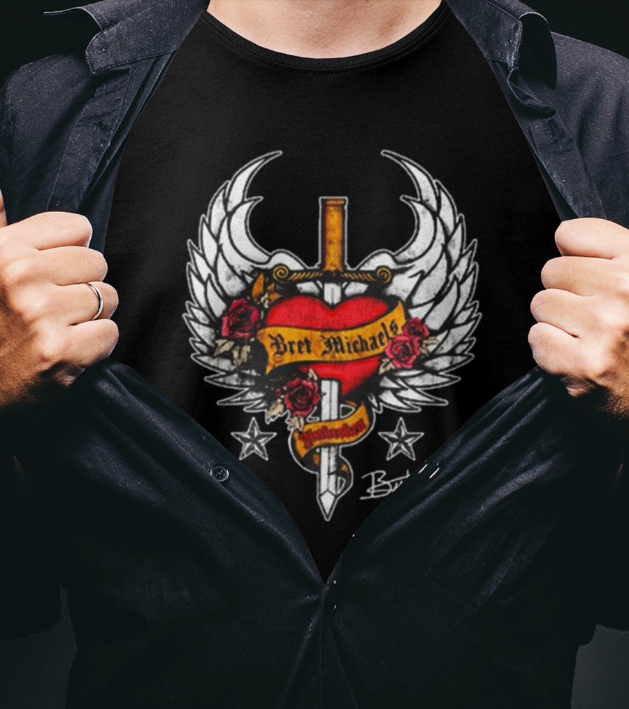 Bret Michaels Heart And Sword Winged Emblem With Roses And Stars T-Shirt