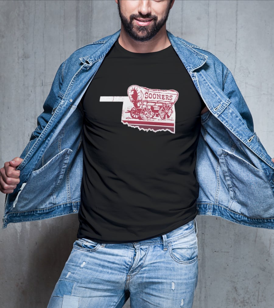 Crimson Oklahoma Sooners Sooner Schooner Wagon Outline Fan T-Shirt