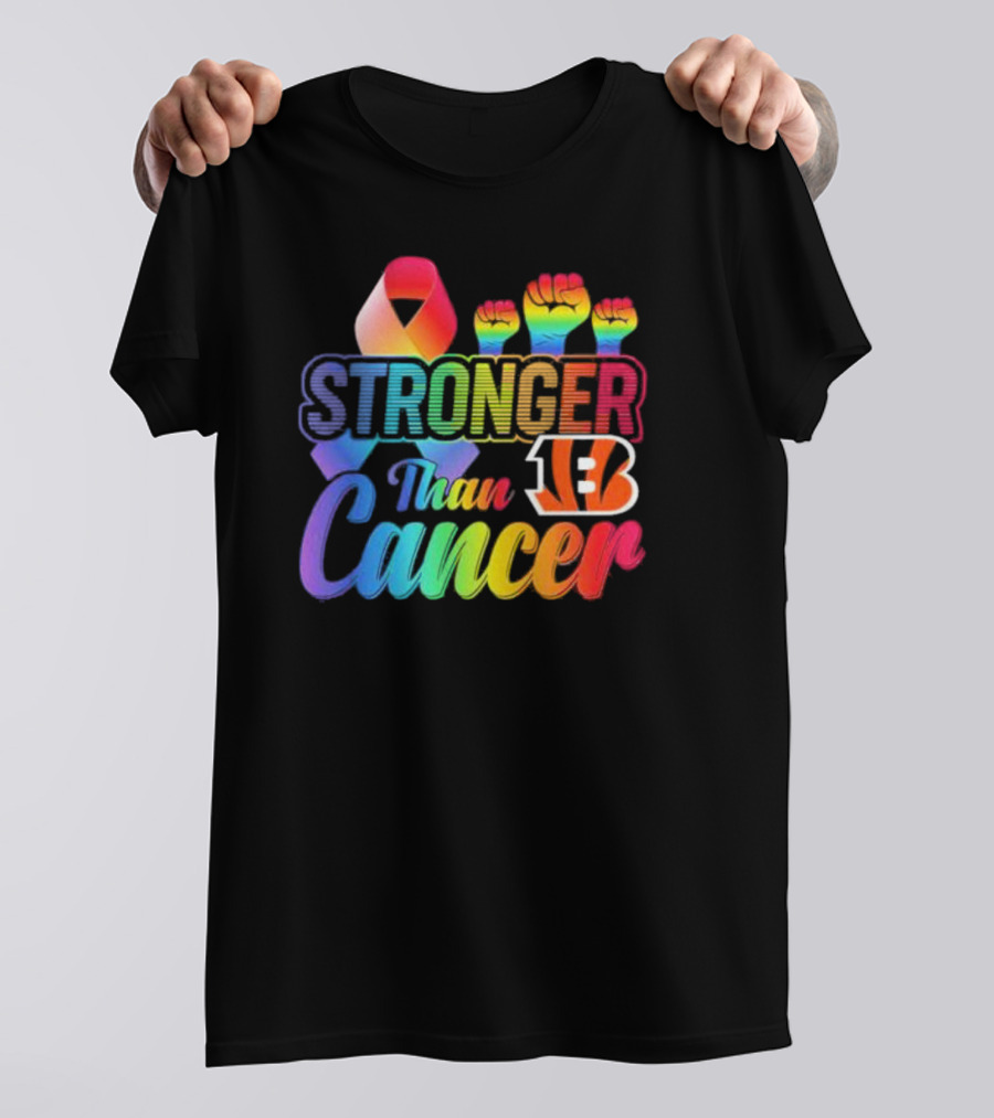 Stronger Than Cancer Cincinnati Bengals NFL Rainbow Ribbon And Fists T-Shirt