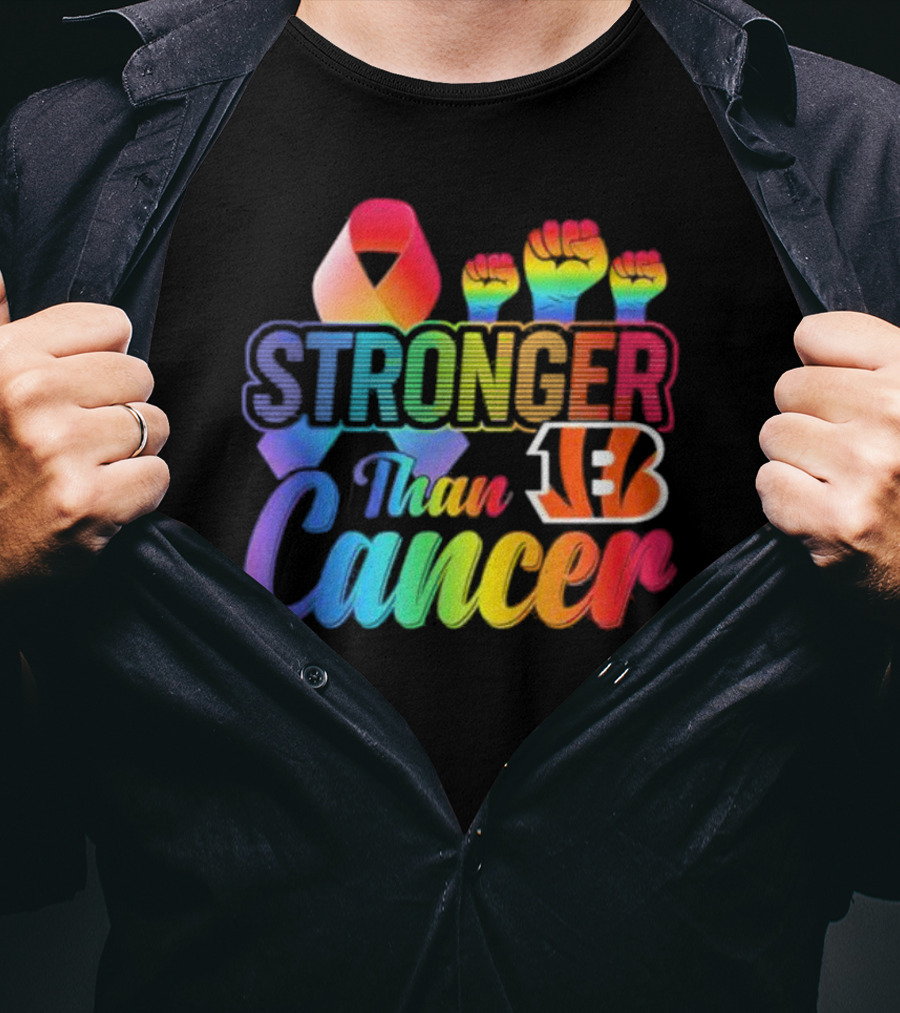 Stronger Than Cancer Cincinnati Bengals NFL Rainbow Ribbon And Fists T-Shirt