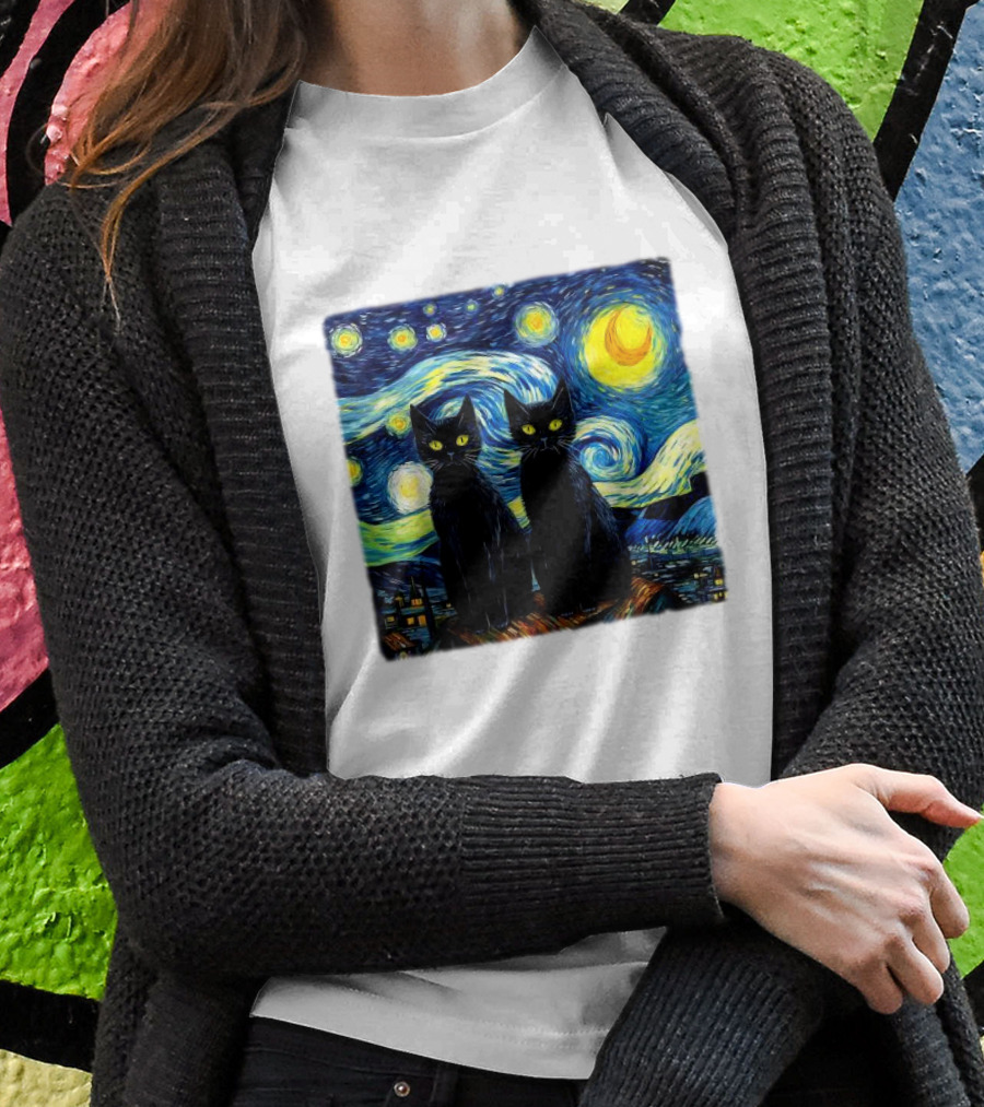 Black Cats Starry Night Vincent Van Gogh Painting Fusion T-Shirt
