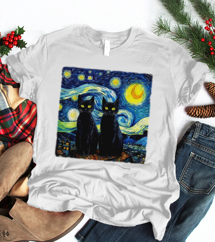 Black Cats Starry Night Vincent Van Gogh Painting Fusion T-Shirt