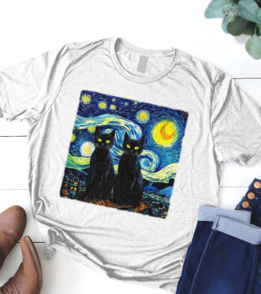 Black Cats Starry Night Vincent Van Gogh Painting Fusion T-Shirt