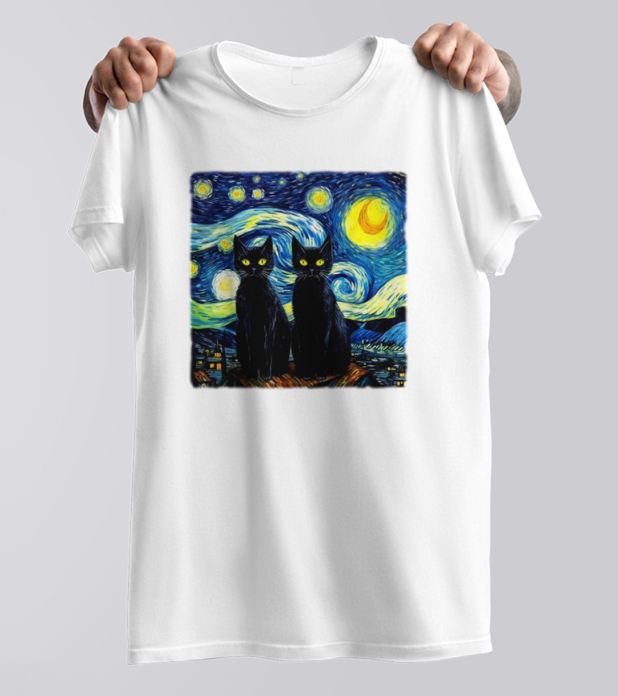 Black Cats Starry Night Vincent Van Gogh Painting Fusion T-Shirt