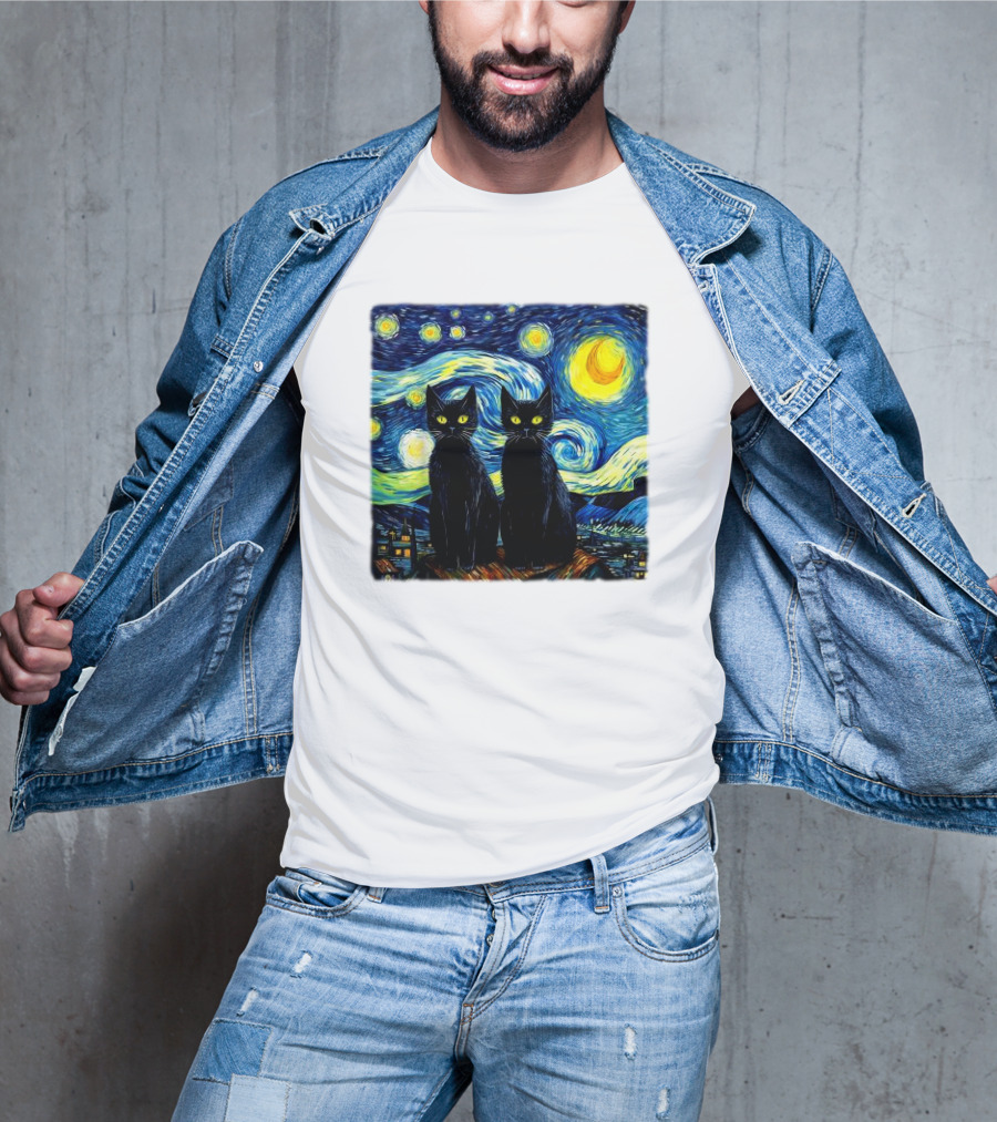 Black Cats Starry Night Vincent Van Gogh Painting Fusion T-Shirt