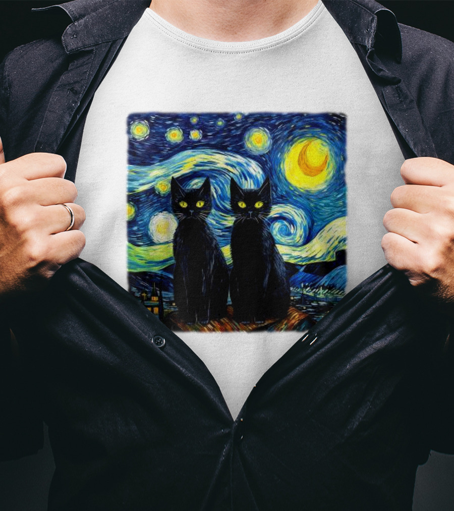 Black Cats Starry Night Vincent Van Gogh Painting Fusion T-Shirt