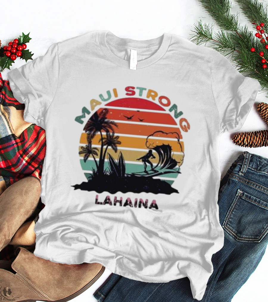 Maui Strong Lahaina Surfing Retro Palm Trees T-Shirt