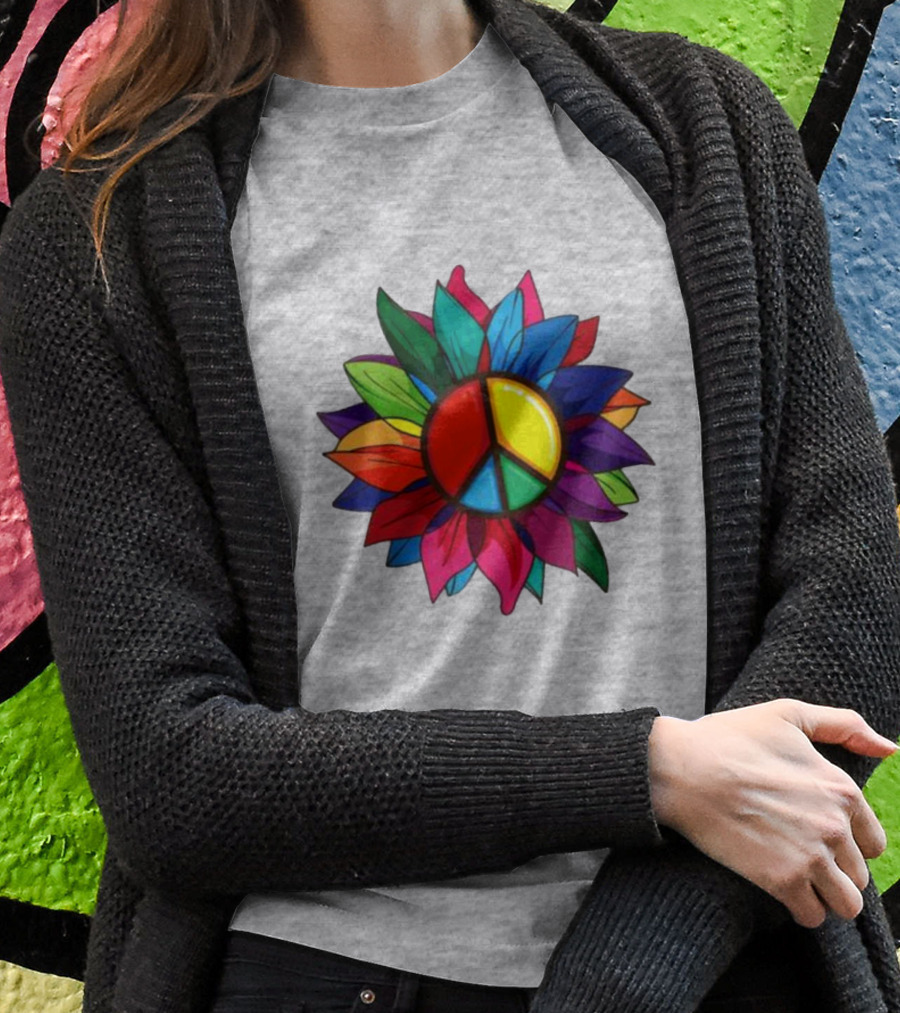 Hippie Rainbow Peace Sign Colorful Flower T-Shirt