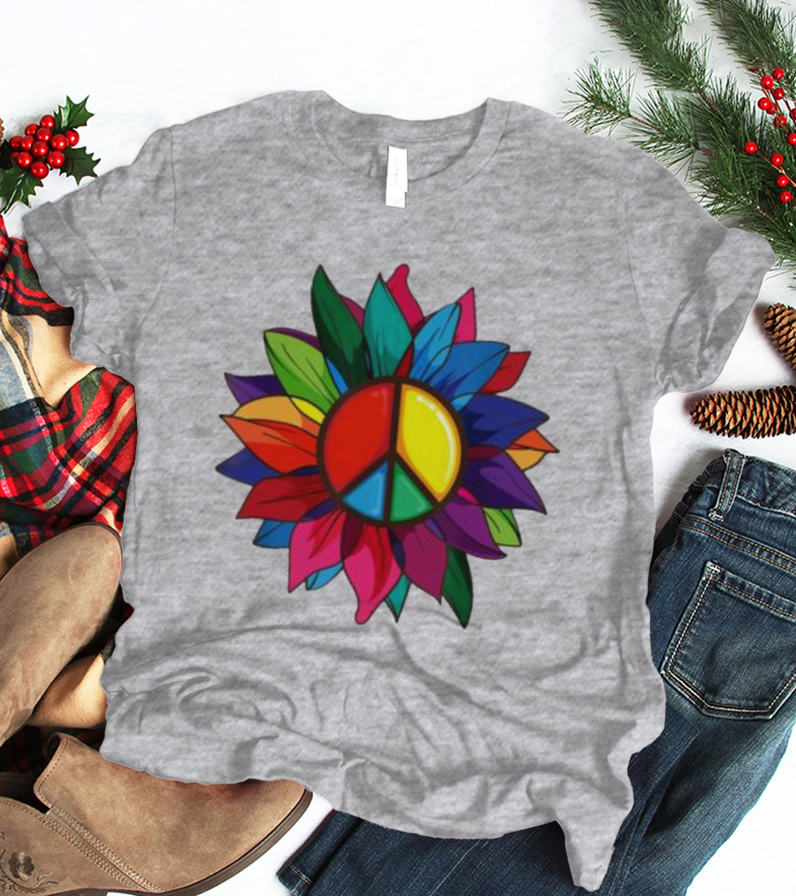Hippie Rainbow Peace Sign Colorful Flower T-Shirt